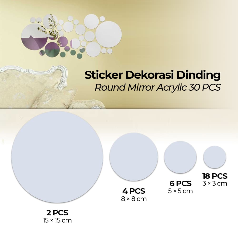 Sticker Dekorasi Dinding Round Mirror Acrylic 30 PCS