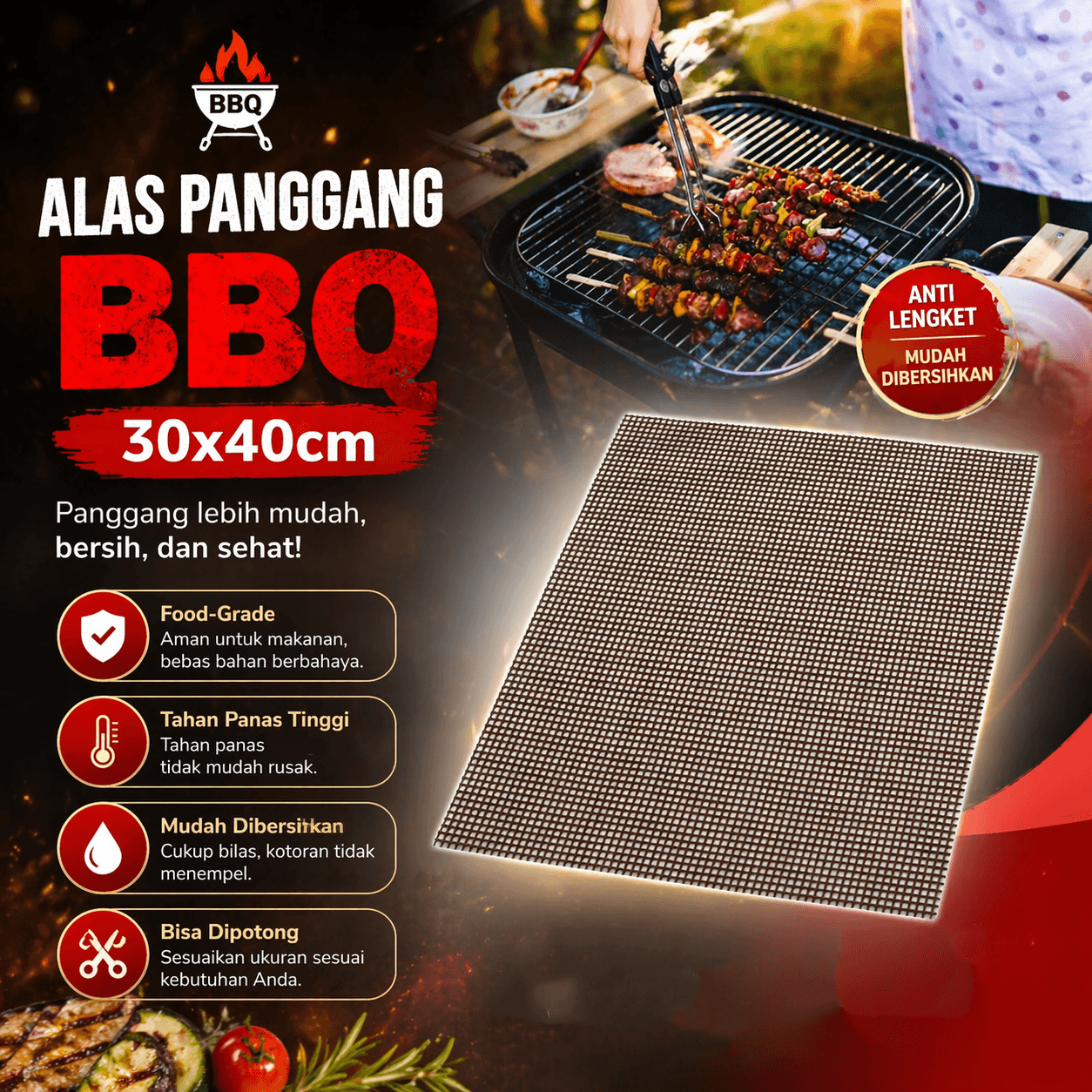 Alas Panggang BBQ Grilling Mats Grid Shape 30x40cm