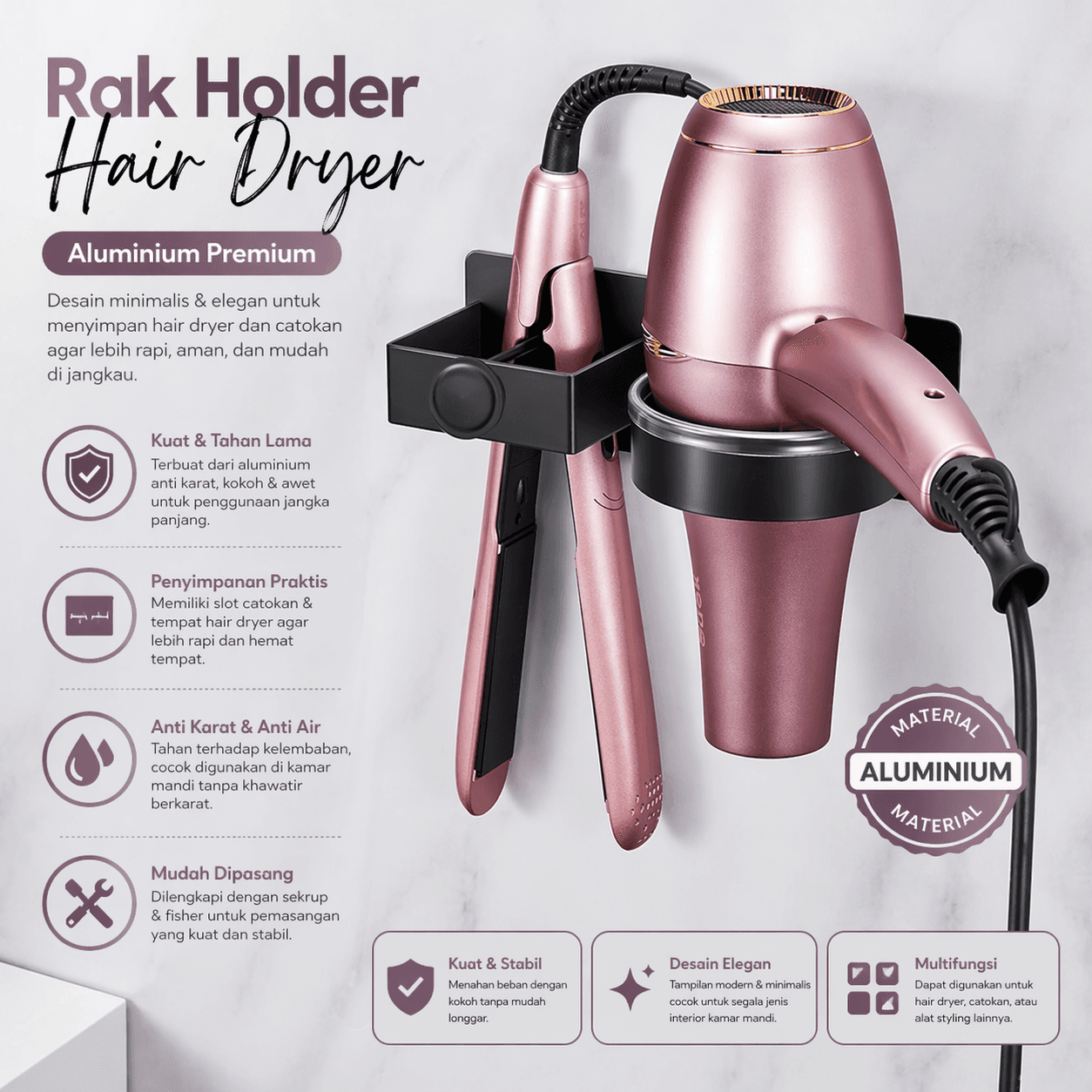 Gantungan Hair Dryer Catokan Aluminium 2in1 Storage Holder Rack - Miruko Rak Holder Hair Dryer Catokan Aluminium 2in1 Storage Rack - INU21 HTF7BK_HITAM Gantungan Hair Dryer Catokan Aluminium 2in1 Storage Holder Rack - Miruko Rak Holder Hair Dryer Catokan Aluminium 2in1 Storage Rack - INU21 HTF7BK_HITAM