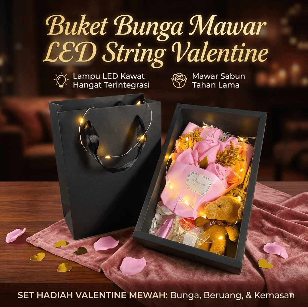 Buket Bunga Sabun Mawar Boneka LED String Soap Rose Valentine
