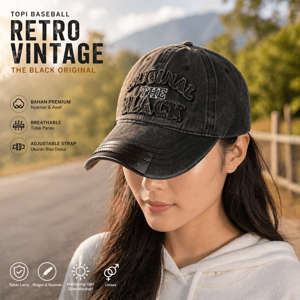 Topi Baseball Cap Original The Black Retro Washed Style