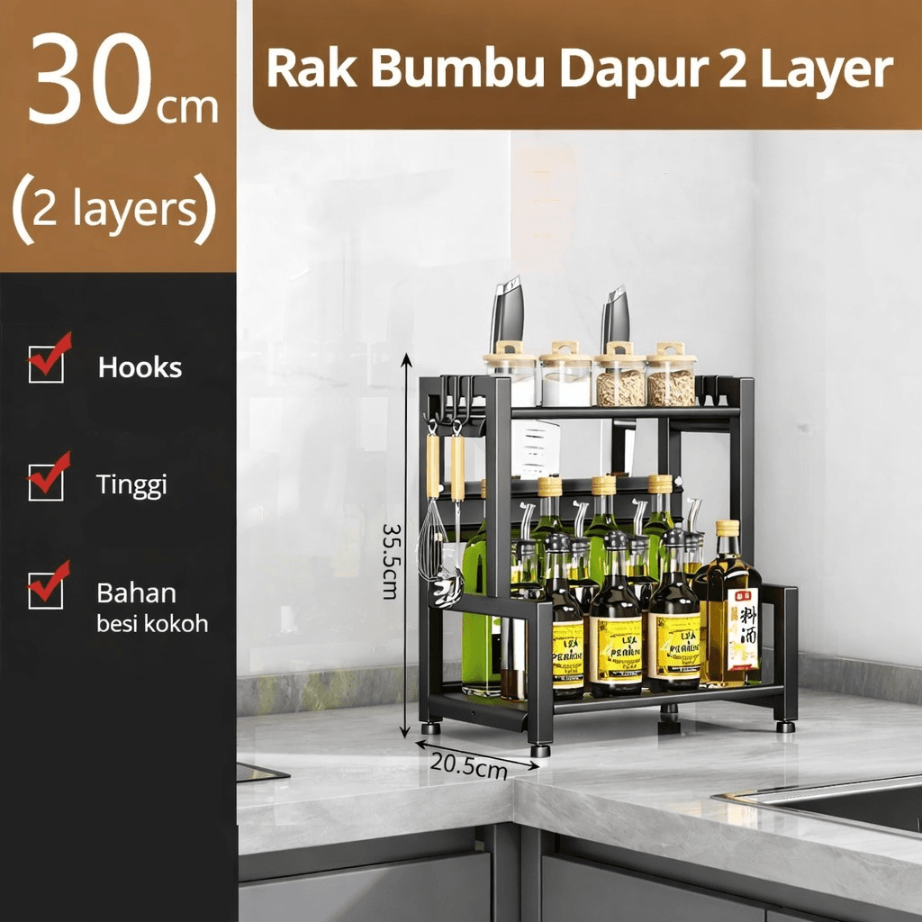 Rak Bumbu Dapur Steel Kitchen Storage 2 Layer 6 Hook