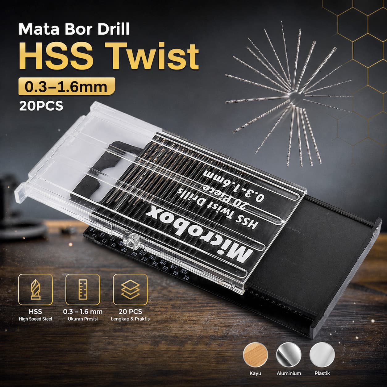 Mata Bor Drill HSS Twist Drill Bit 0.3-1.6mm 20PCS