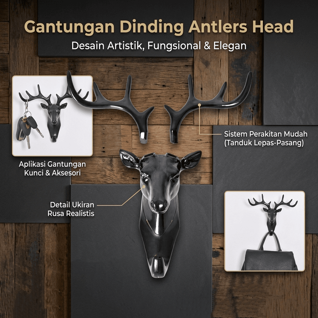Gantungan Dinding Tempel Perekat Model Antlers Head