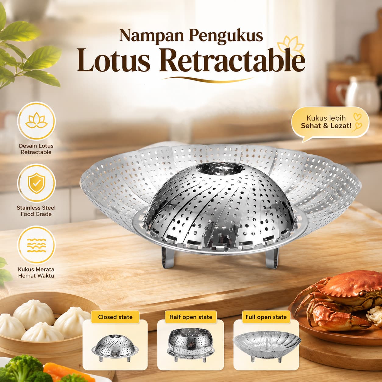 Nampan Pengukus Lotus Steaming Tray Retractable - EH-LIFE Nampan Pengukus Lotus Steaming Tray Retractable - 6795 HALTSV_SILVER Nampan Pengukus Lotus Steaming Tray Retractable - EH-LIFE Nampan Pengukus Lotus Steaming Tray Retractable - 6795 HALTSV_SILVER