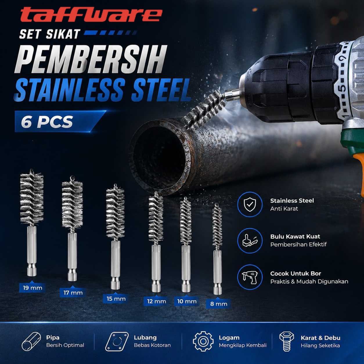Set Sikat Pembersih Stainless Steel Bore Wire Brushes 1/4Inch 6PCS - Taffware Set Sikat Pembersih Stainless Steel Wire Brushes 1/4Inch 6PCS - WBS6 OR17SV_SILVER Set Sikat Pembersih Stainless Steel Bore Wire Brushes 1/4Inch 6PCS - Taffware Set Sikat Pembersih Stainless Steel Wire Brushes 1/4Inch 6PCS - WBS6 OR17SV_SILVER