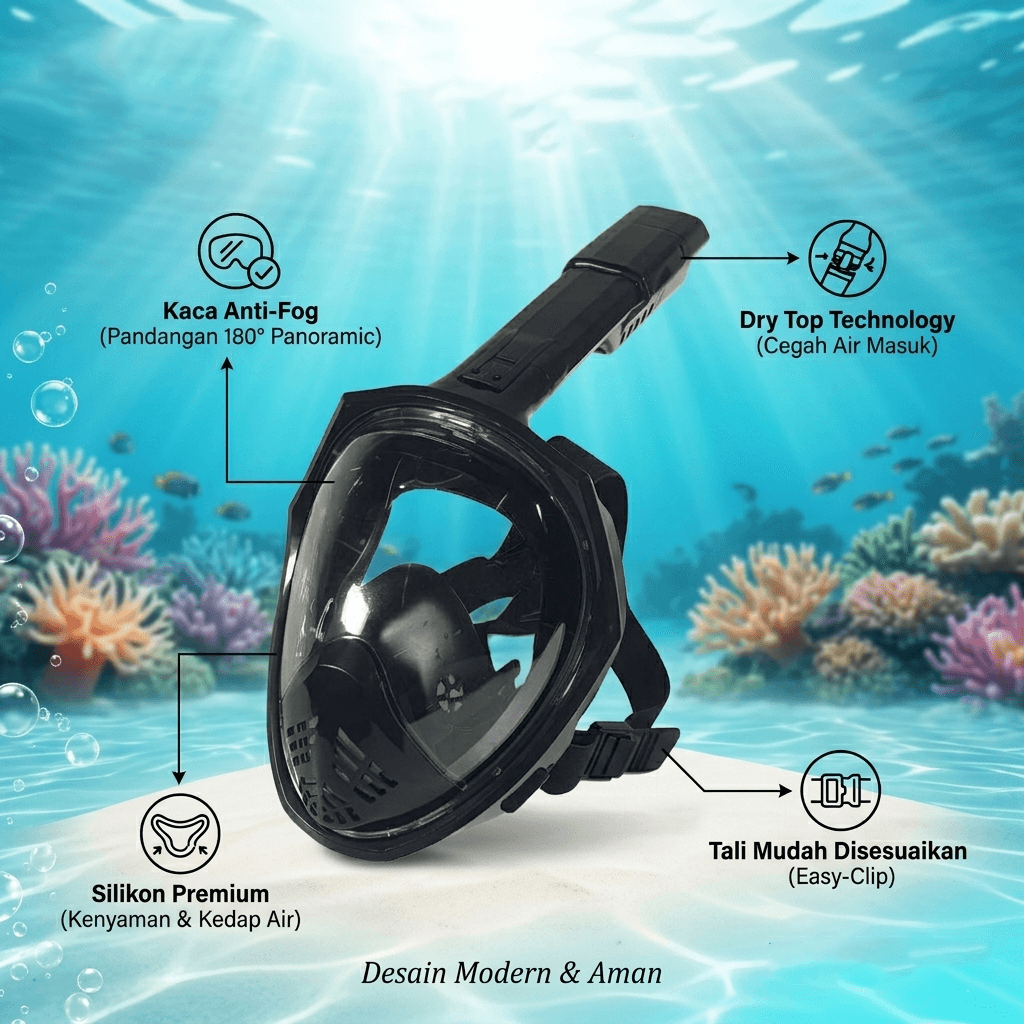 Kacamata Full Face Selam Scuba Diving Snorkeling - TaffSPORT Kacamata Selam Snorkeling Anti Fog Full Face Diving Mask - M2077G SE01BK_HITAM Kacamata Full Face Selam Scuba Diving Snorkeling - TaffSPORT Kacamata Selam Snorkeling Anti Fog Full Face Diving Mask - M2077G SE01BK_HITAM