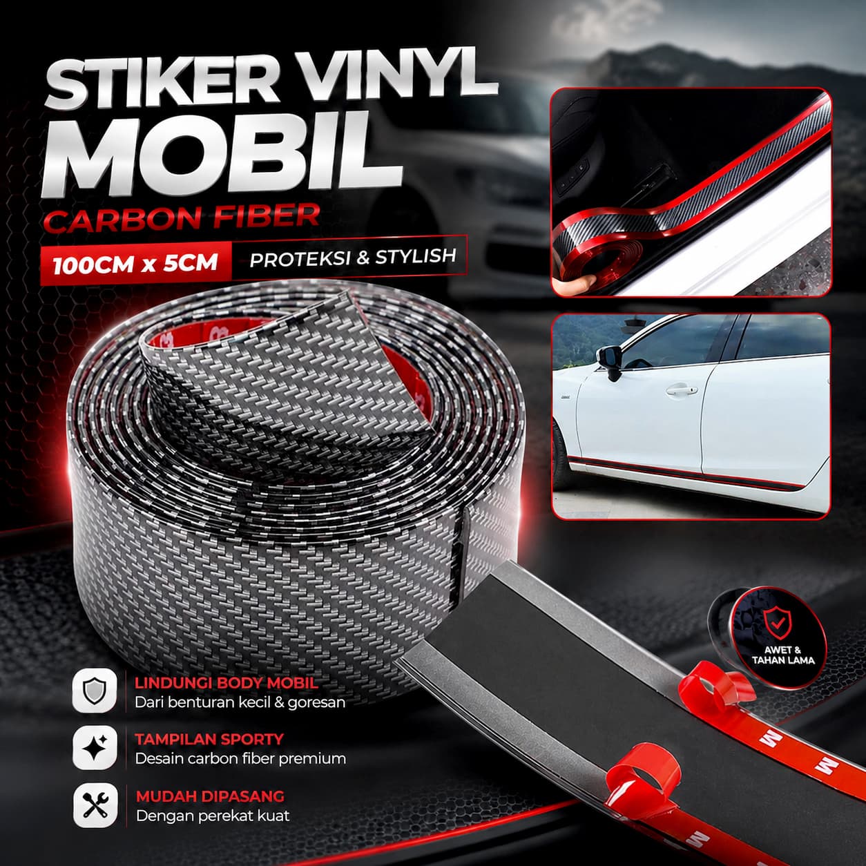 Stiker Vinyl Mobil Carbon Fiber Rubber Strip Bumper Guard 100cm