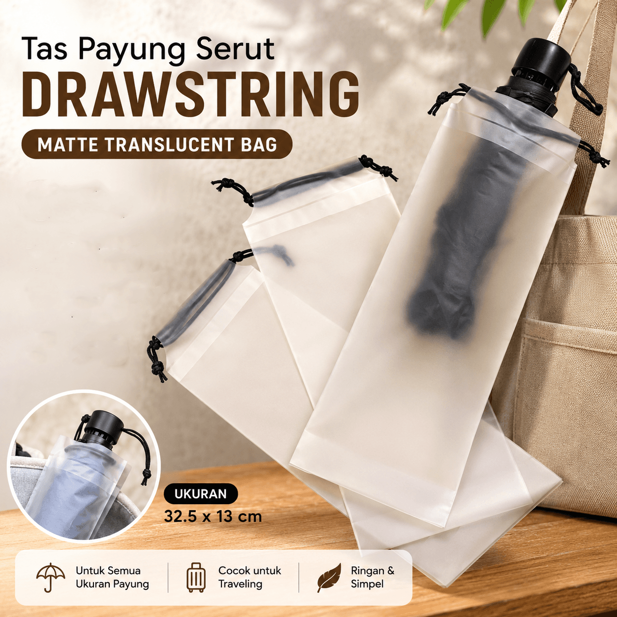 Tas Payung Drawstring Matte Translucent Storage Bag