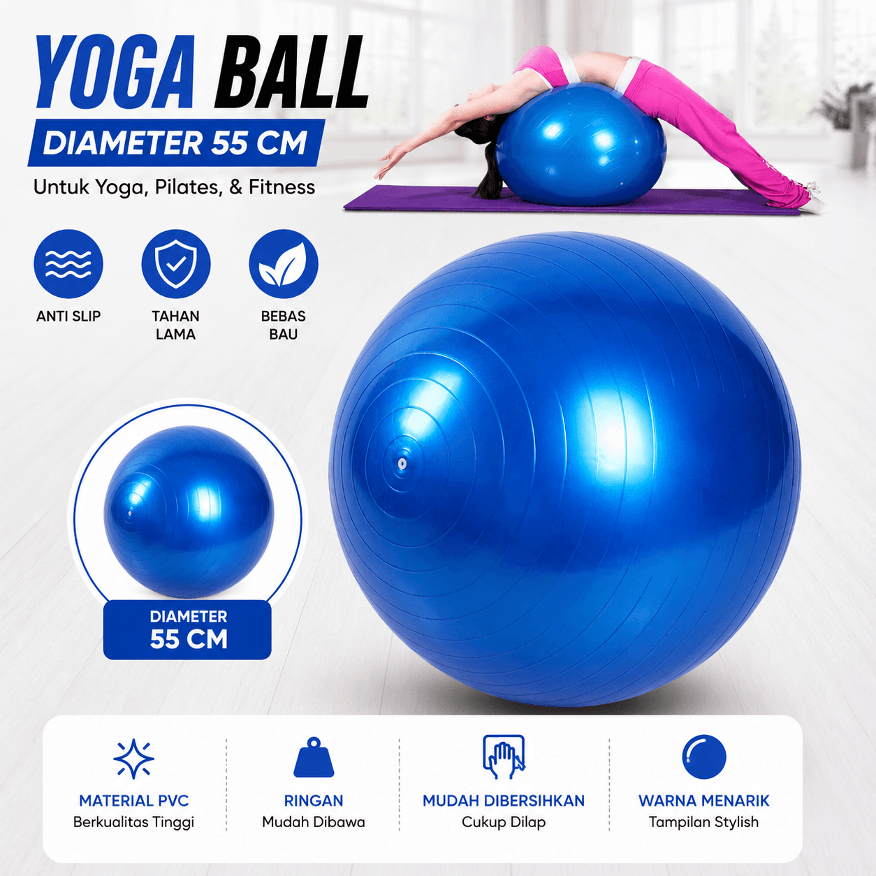Ball Bola Yoga Pilates Fitness PVC - LIVELY Bola Yoga Gym Ball Pilates Fitness PVC Anti Slip SE5ZBL_55CM_BIRU Ball Bola Yoga Pilates Fitness PVC - LIVELY Bola Yoga Gym Ball Pilates Fitness PVC Anti Slip SE5ZBL_55CM_BIRU