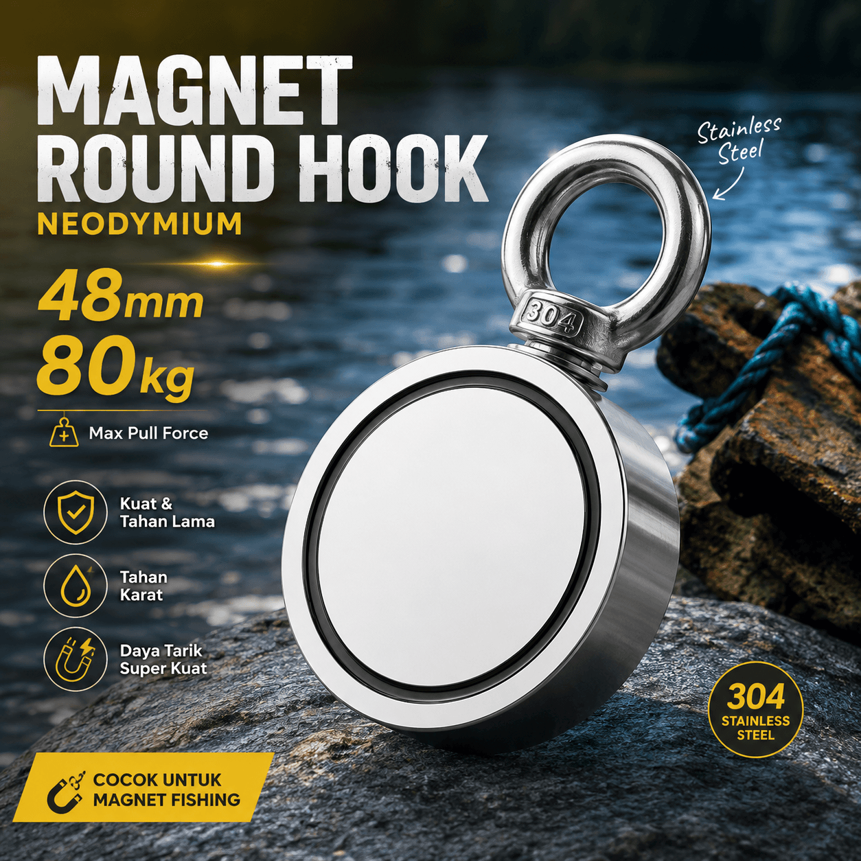 Strong Neodymium Magnet Model Hook Bulat 48mm 80kg