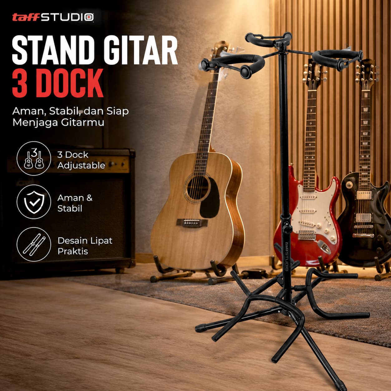 Stand Gitar Folding 3 Dock Adjustable Besi