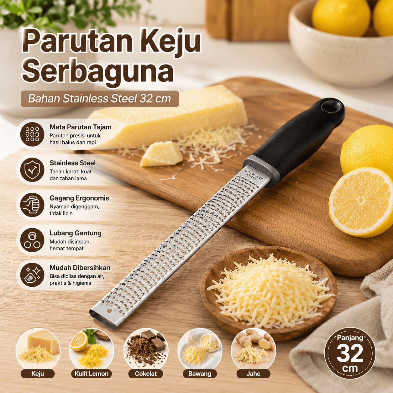 Parutan Keju Grater Lemon Zester Stainless Steel 32cm - GLANYOMI Parutan Keju Grater Lemon Zester Stainless Steel 32cm - KW242 HK1SBK_HITAM Parutan Keju Grater Lemon Zester Stainless Steel 32cm - GLANYOMI Parutan Keju Grater Lemon Zester Stainless Steel 32cm - KW242 HK1SBK_HITAM