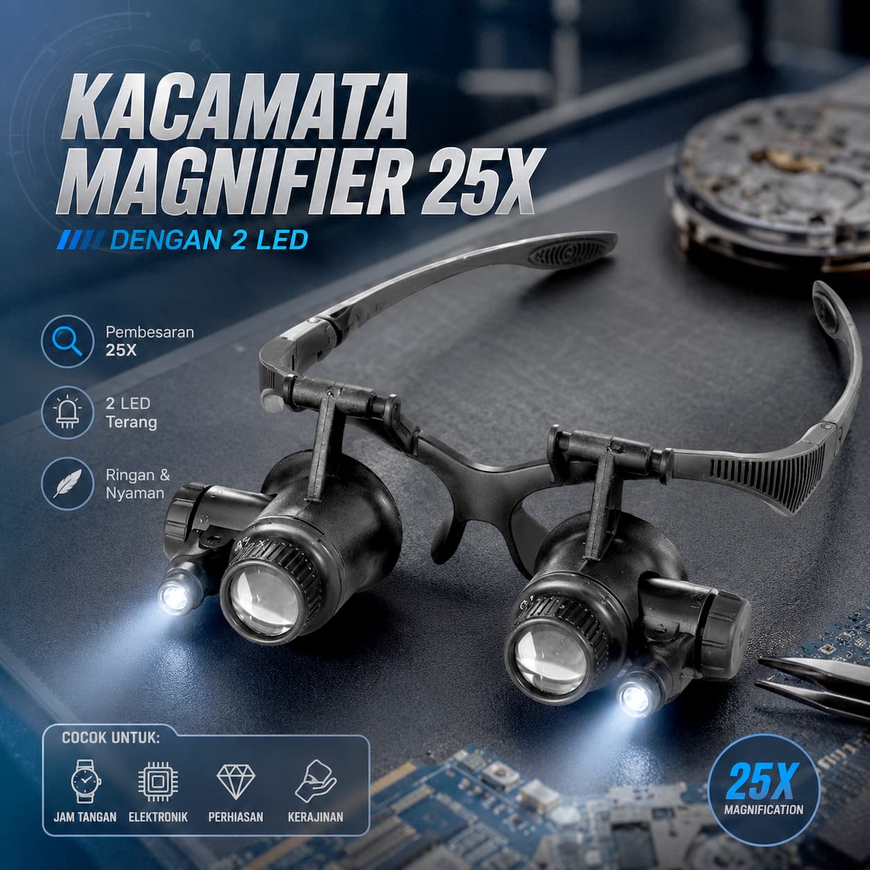 Kacamata Pembesar 25x Magnifier dengan 2 LED