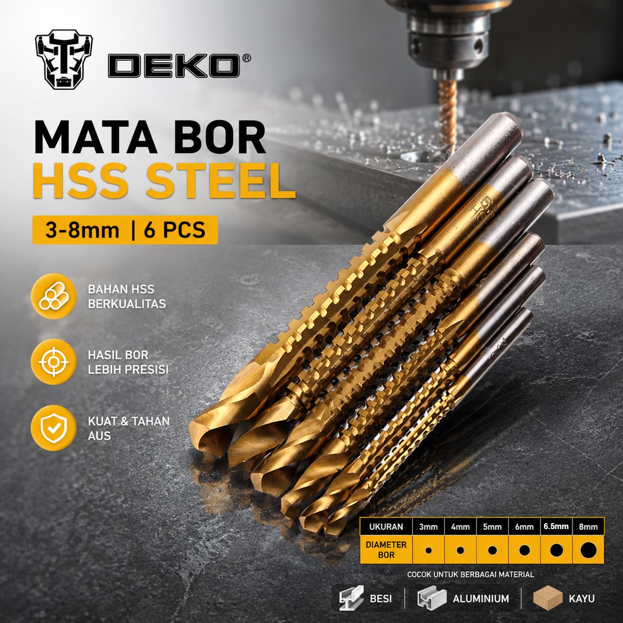 Mata Bor Power Drill Bits HSS Steel 3-8mm 6 PCS