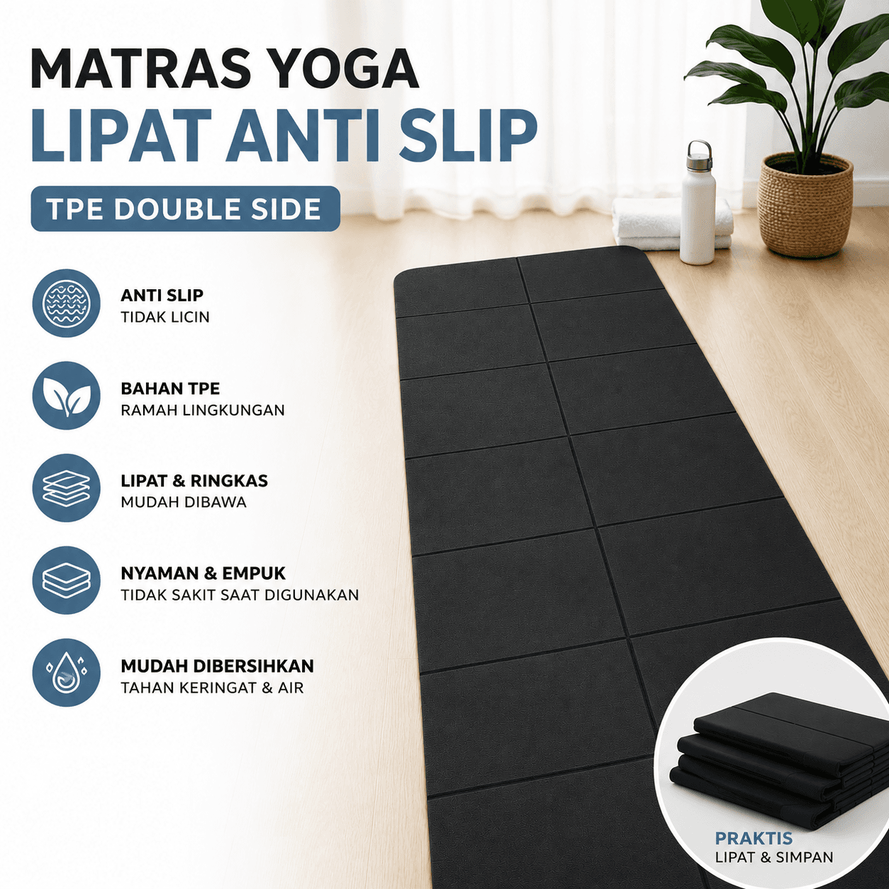 Matras Yoga Mat Lipat Anti Slip TPE Double Side 184x61.5cm - LOOZYKIT Matras Yoga Mat Lipat Karpet Anti Slip TPE 180.5x60.5cm - LK-3MM SEOYBK_HITAM Matras Yoga Mat Lipat Anti Slip TPE Double Side 184x61.5cm - LOOZYKIT Matras Yoga Mat Lipat Karpet Anti Slip TPE 180.5x60.5cm - LK-3MM SEOYBK_HITAM