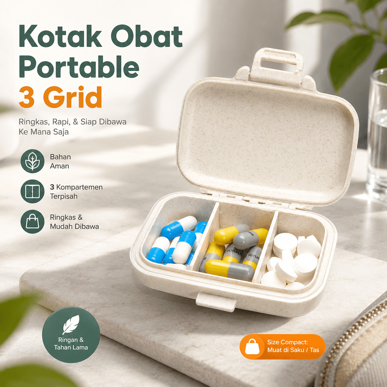 Kotak Obat Mini Portable Medicine Pill Box Adjustable 3 Grid