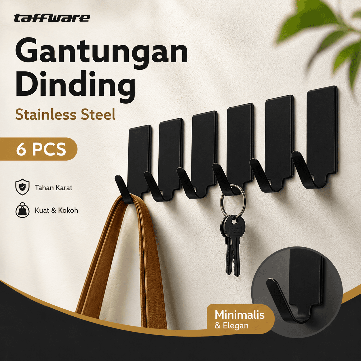 Gantungan Dinding Tempel Adhesive Stainless Steel 6 PCS