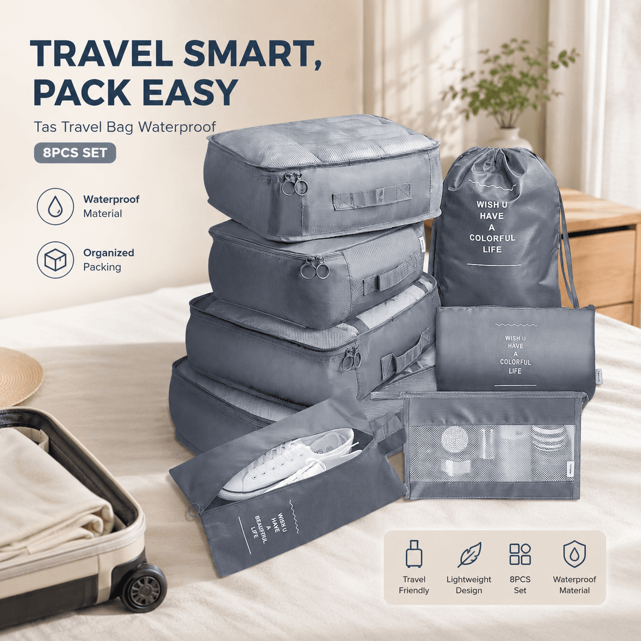 Tas Travel Bag Laundry Organizer Packing Cubes 8 PCS - Travel-O Tas Travel Bag Laundry Organizer Packing Cube Waterproof 8PCS - BIB-830 TP6DGY_GRAY Tas Travel Bag Laundry Organizer Packing Cubes 8 PCS - Travel-O Tas Travel Bag Laundry Organizer Packing Cube Waterproof 8PCS - BIB-830 TP6DGY_GRAY
