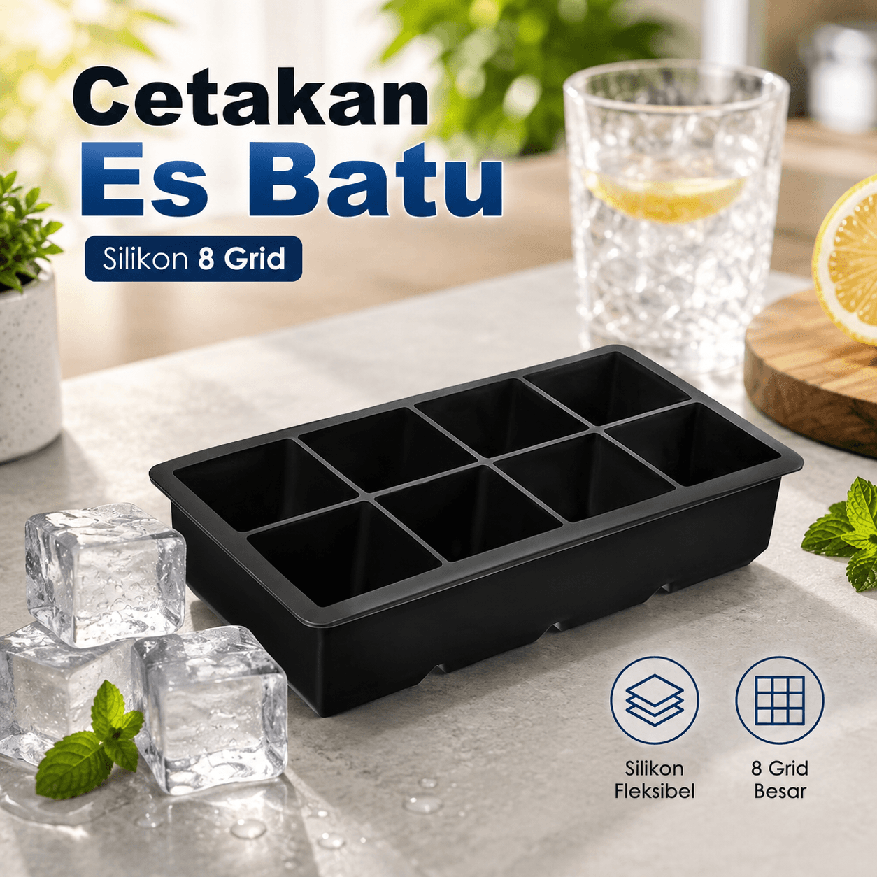 Cetakan Es Batu Silikon Kotak 8 Grid Ice Cube Tray