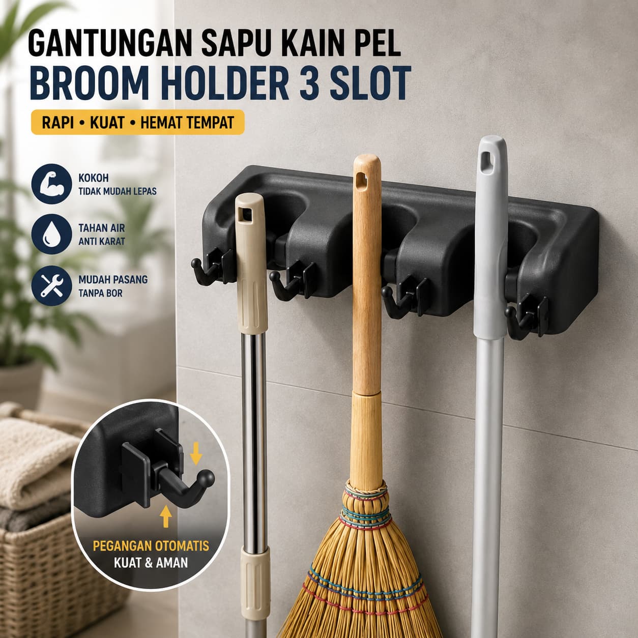 Gantungan Sapu Kain Pel Broom Storage Rack Hook Wall Mounted