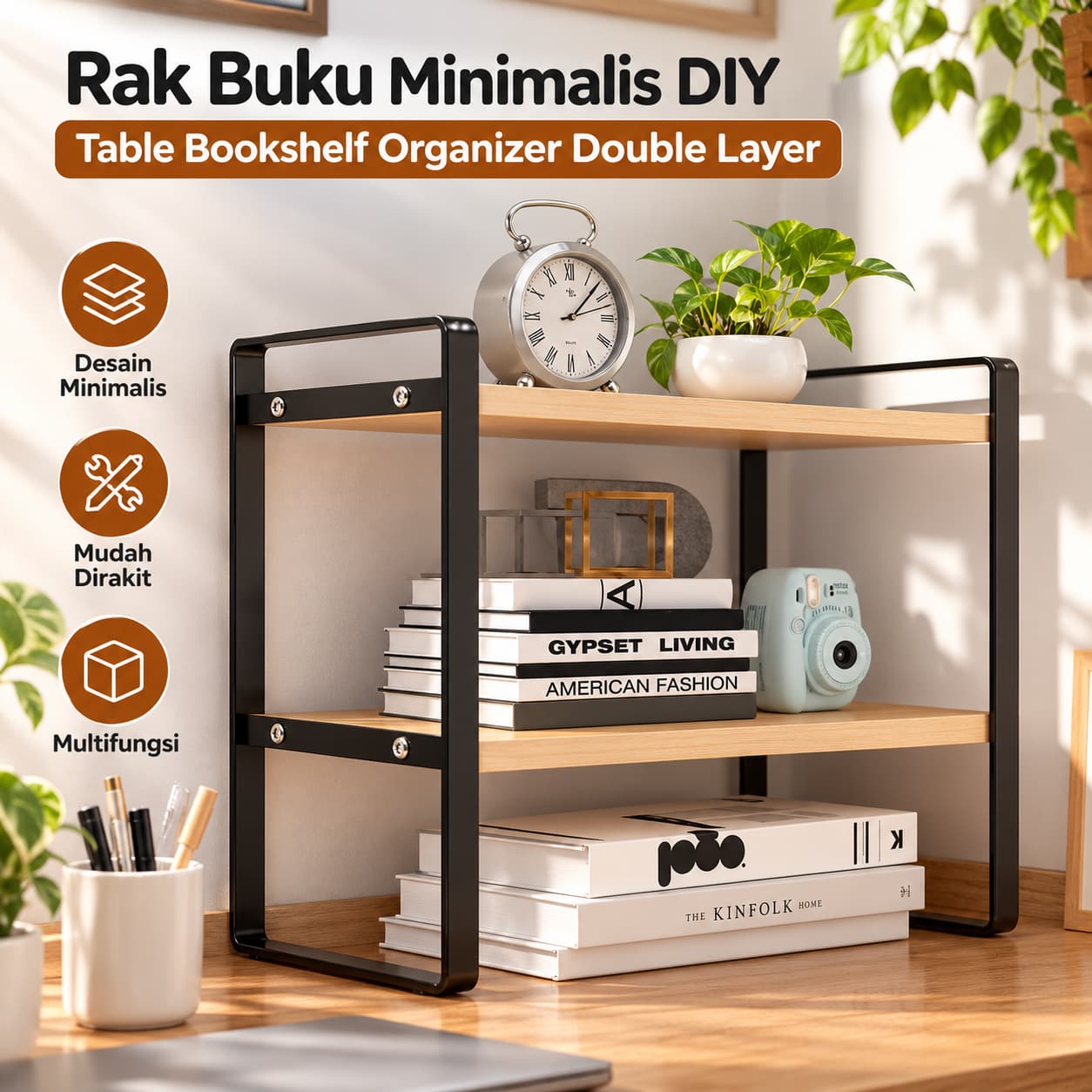 Rak Buku Minimalis DIY Table Bookshelf Organizer Double Layer
