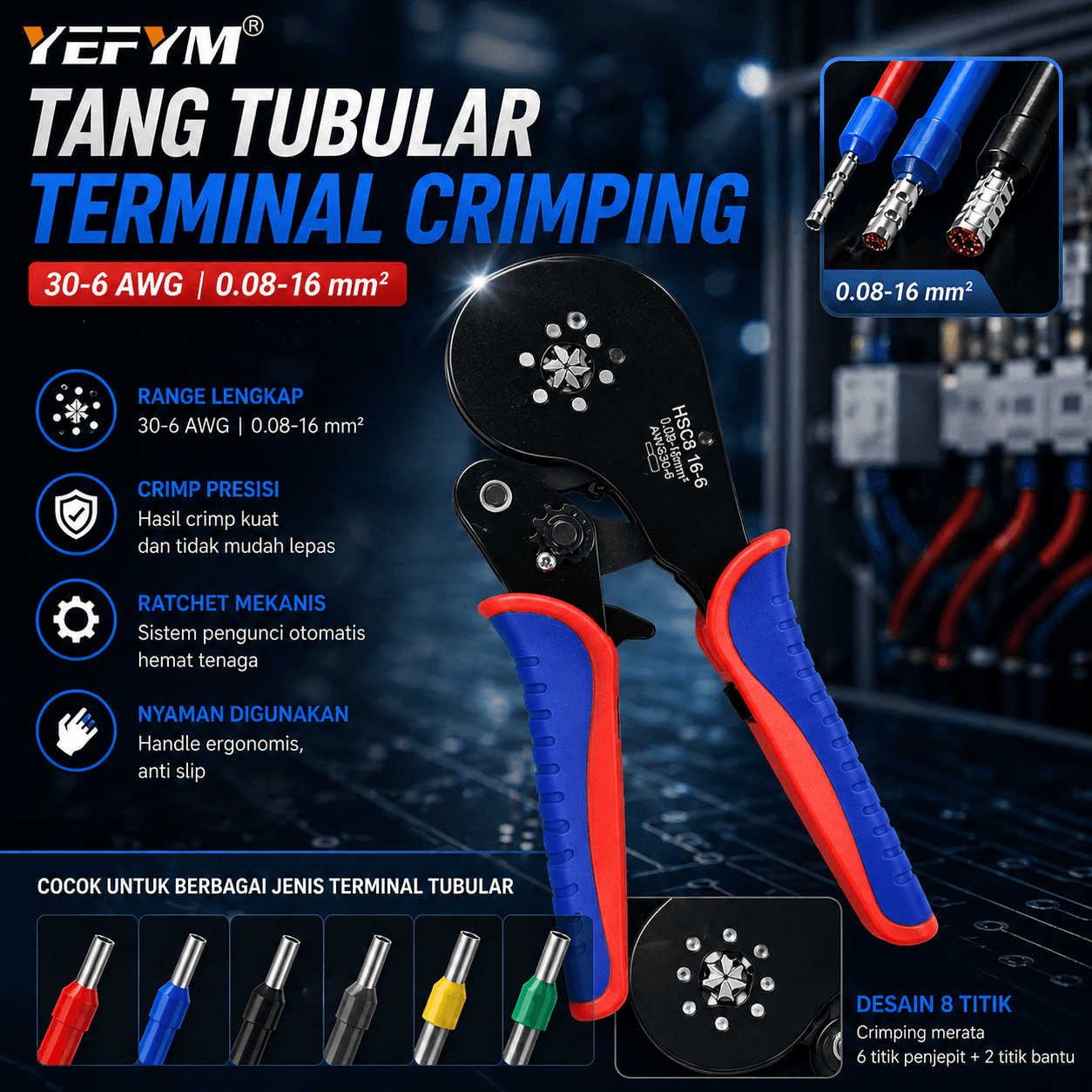 Tang Tubular Terminal Crimping Tools Pliers 30-6 AWG 0.08-16mm2
